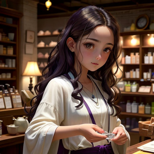 a woman holding a piece of food in a store with shelves of bottles and jars behind her and a clock on the wall