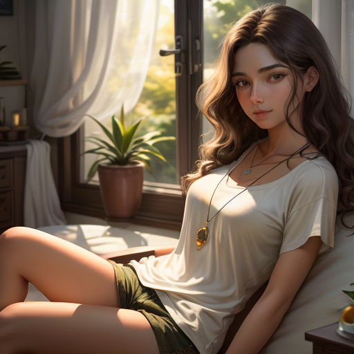 a woman sitting on a bed next to a window with a plant in it and a potted plant in the corner
