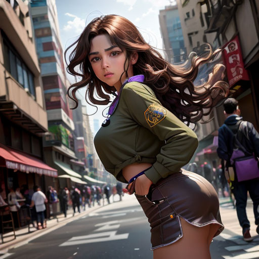 a woman in a skirt and jacket standing on a street corner with her hands on her hips and her hair blowing in the wind