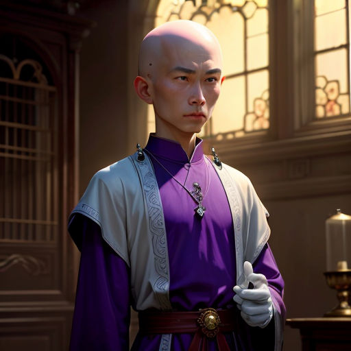 a man in a purple and white outfit standing in front of a window with a candle in it's hand