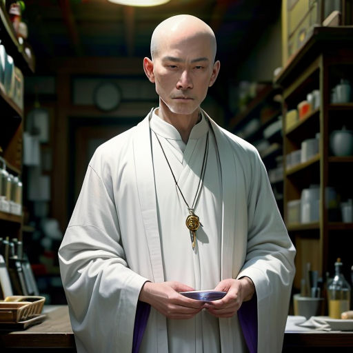 a man in a white robe holding a bowl in a store with shelves of bottles and jars on the shelves
