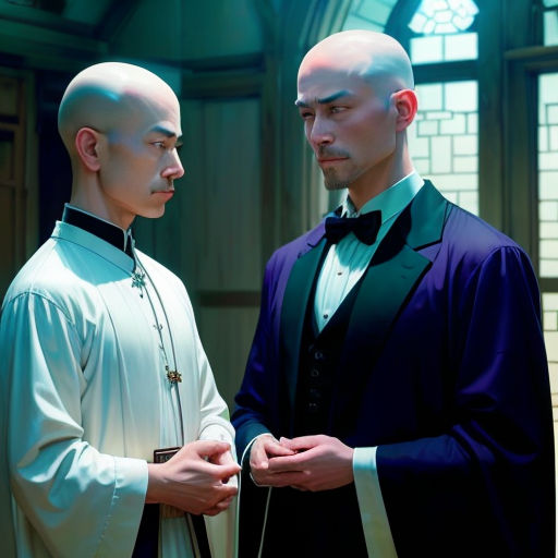 two men in robes standing next to each other in a room with stained glass windows and stained glass windows