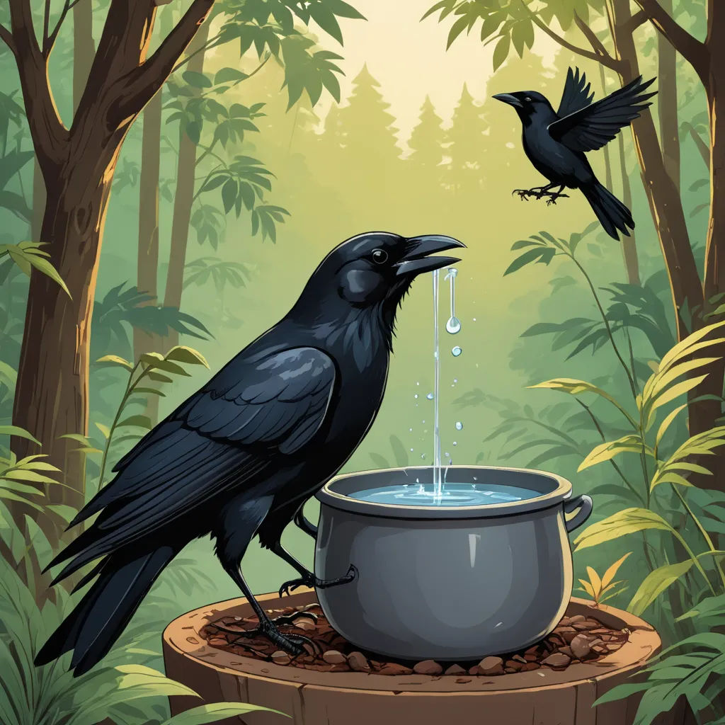 two black birds are sitting on a stump in the woods and one is drinking water from a bowl that is on the ground, fantasy art, a storybook illustration, Brom, storybook illustration