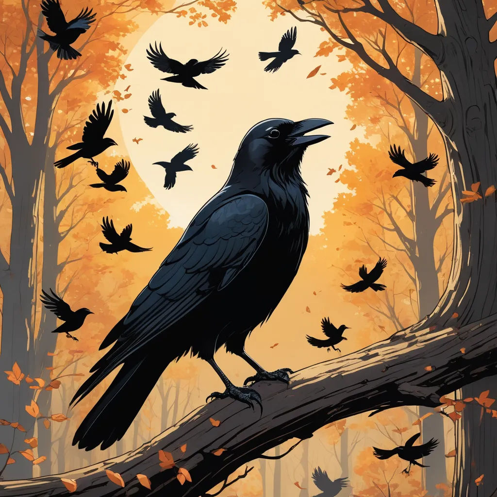 a painting of a crow sitting on a branch in a forest with a full moon in the background and flying birds in the air, gothic art, a storybook illustration, Dan Mumford, laurie greasley