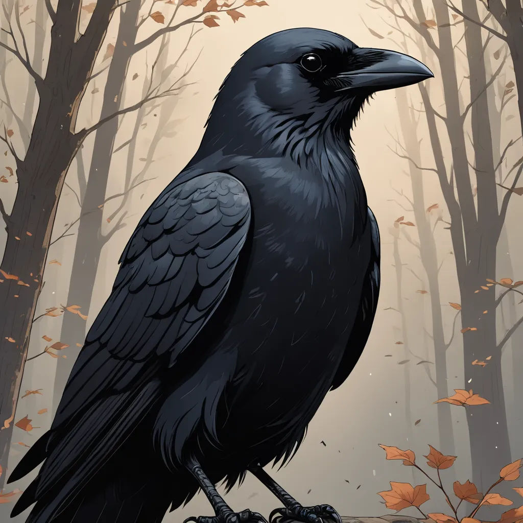a black bird sitting on a branch in a forest with leaves on the ground and a tree in the background, fantasy art, a character portrait, Dan Mumford, leesha hannigan