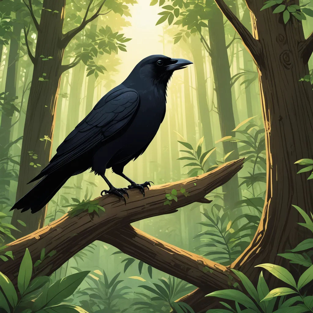 a black bird sitting on a branch in a forest with trees and foliage in the background, with sunlight streaming through the trees, fantasy art, a storybook illustration, Eyvind Earle, dark background