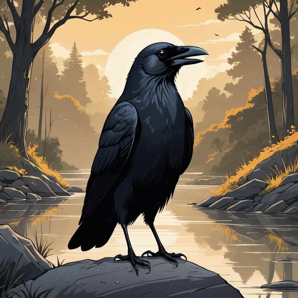 a black bird sitting on a rock in a forest next to a river and trees with a full moon in the background, serial art, an album cover, Dan Mumford, josan gonzales and dan mumford