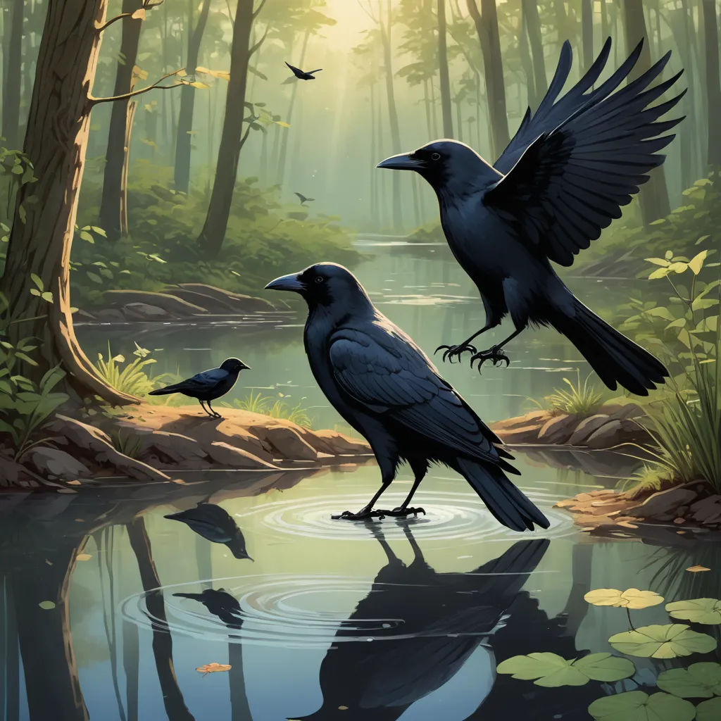 two black birds are standing on a pond in the woods, one is flying away from the other bird, fantasy art, a storybook illustration, Brothers Hildebrandt, birds