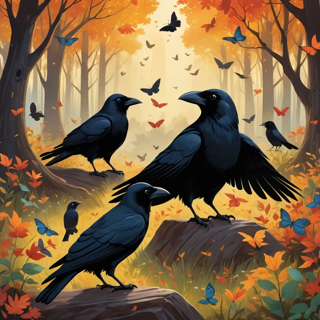 a painting of two crows sitting on a rock in a forest with butterflies flying around them and a butterfly - themed background, fantasy art, a storybook illustration, Dan Mumford, birds