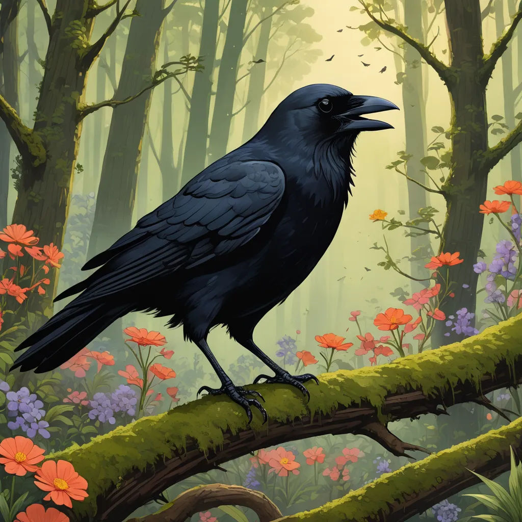 a black bird sitting on a branch in a forest with flowers and trees in the background, with a sun shining through the trees, fantasy art, an ultrafine detailed painting, Dan Mumford, highly detailed digital painting