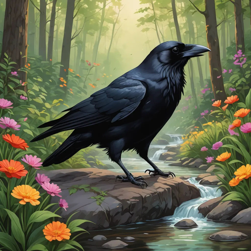 a black bird sitting on a rock in a forest with flowers and stream running through it's center, fantasy art, a storybook illustration, Brom, magic the gathering artwork