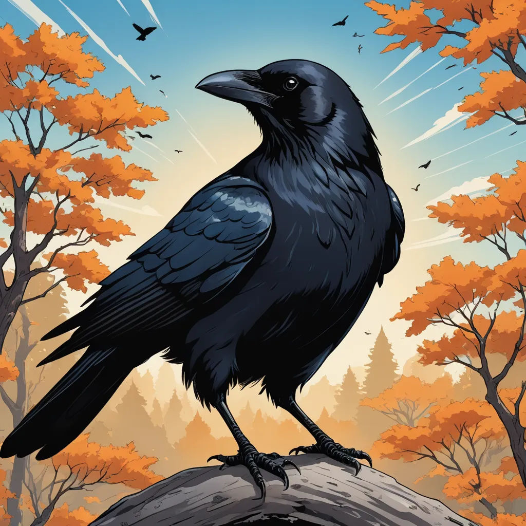 a black crow sitting on a tree branch in a forest with orange leaves and a blue sky with a few white clouds, altermodern, poster art, Dan Mumford, josan gonzales and dan mumford