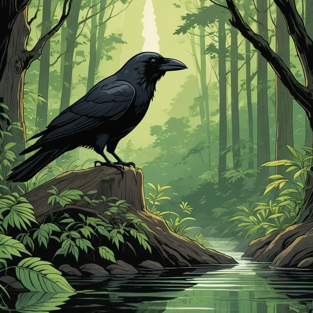 a black bird sitting on a rock in a forest next to a river and trees with green leaves on the ground, fantasy art, a comic book panel, Dan Mumford, laurie greasley