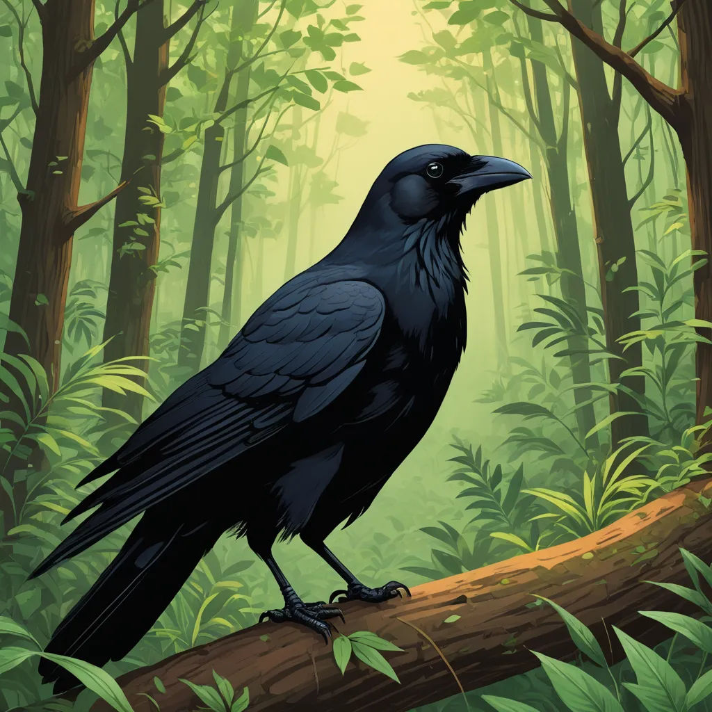 a black bird sitting on a tree branch in a forest with green leaves and trees in the background,, fantasy art, a storybook illustration, Dan Mumford, magic the gathering artwork