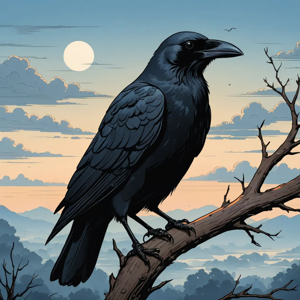 a black bird sitting on a tree branch with a full moon in the background and clouds in the sky, gothic art, a comic book panel, Dan Mumford, josan gonzales and dan mumford