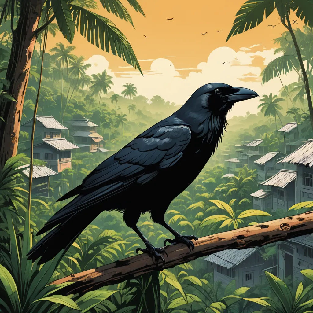 a black bird sitting on a branch in a jungle setting with houses in the background and trees and bushes, serial art, a comic book panel, Dan Mumford, comic cover art