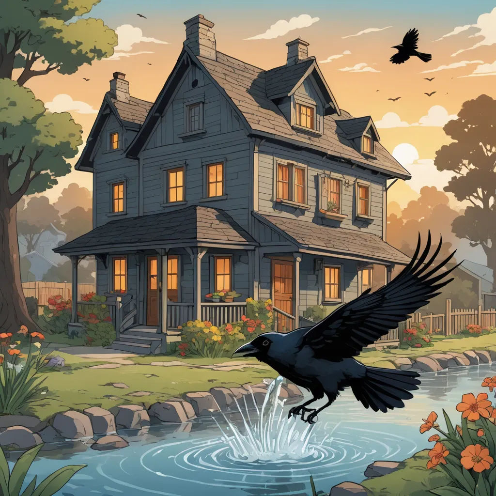 a bird is flying over a pond in front of a house with a bird flying over it and a bird flying over the water, american scene painting, a storybook illustration, Dan Mumford, kinkade
