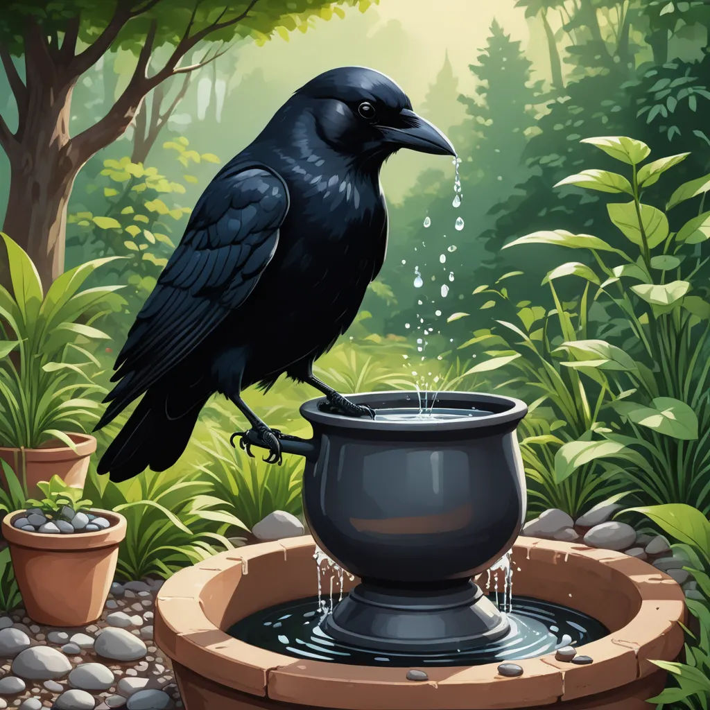 a black bird sitting on a fountain in a garden with plants and rocks around it, with a bird perched on the top of the fountain, fantasy art, a storybook illustration, Anne Stokes, highly detailed digital painting