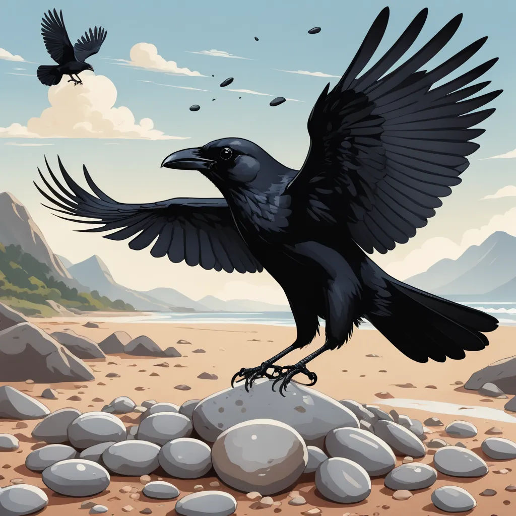 a black bird is flying over a rock and a beach with rocks and a bird is flying over it, environmental art, a storybook illustration, David Martin, high detail illustration