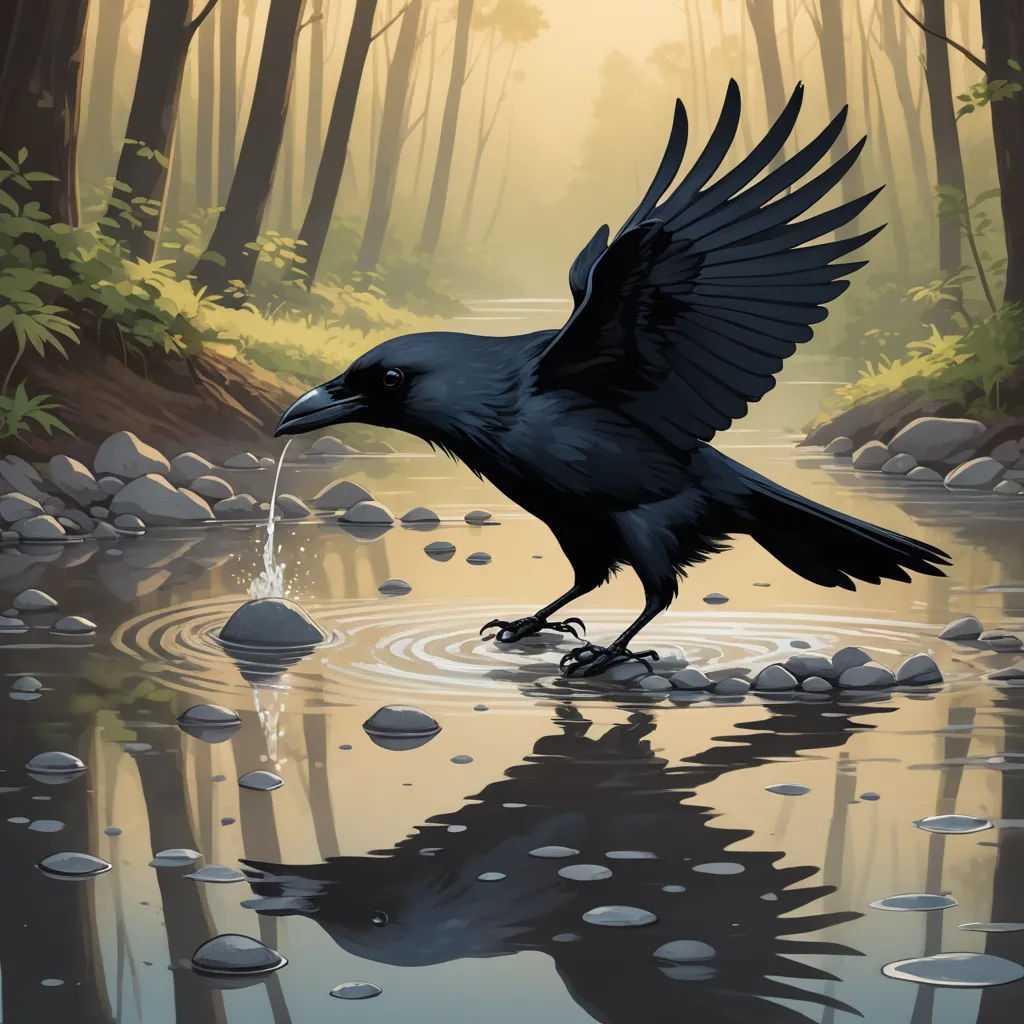 a black bird with its wings spread is standing in a river with rocks and water in the foreground, fantasy art, a storybook illustration, Dan Mumford, highly detailed digital painting