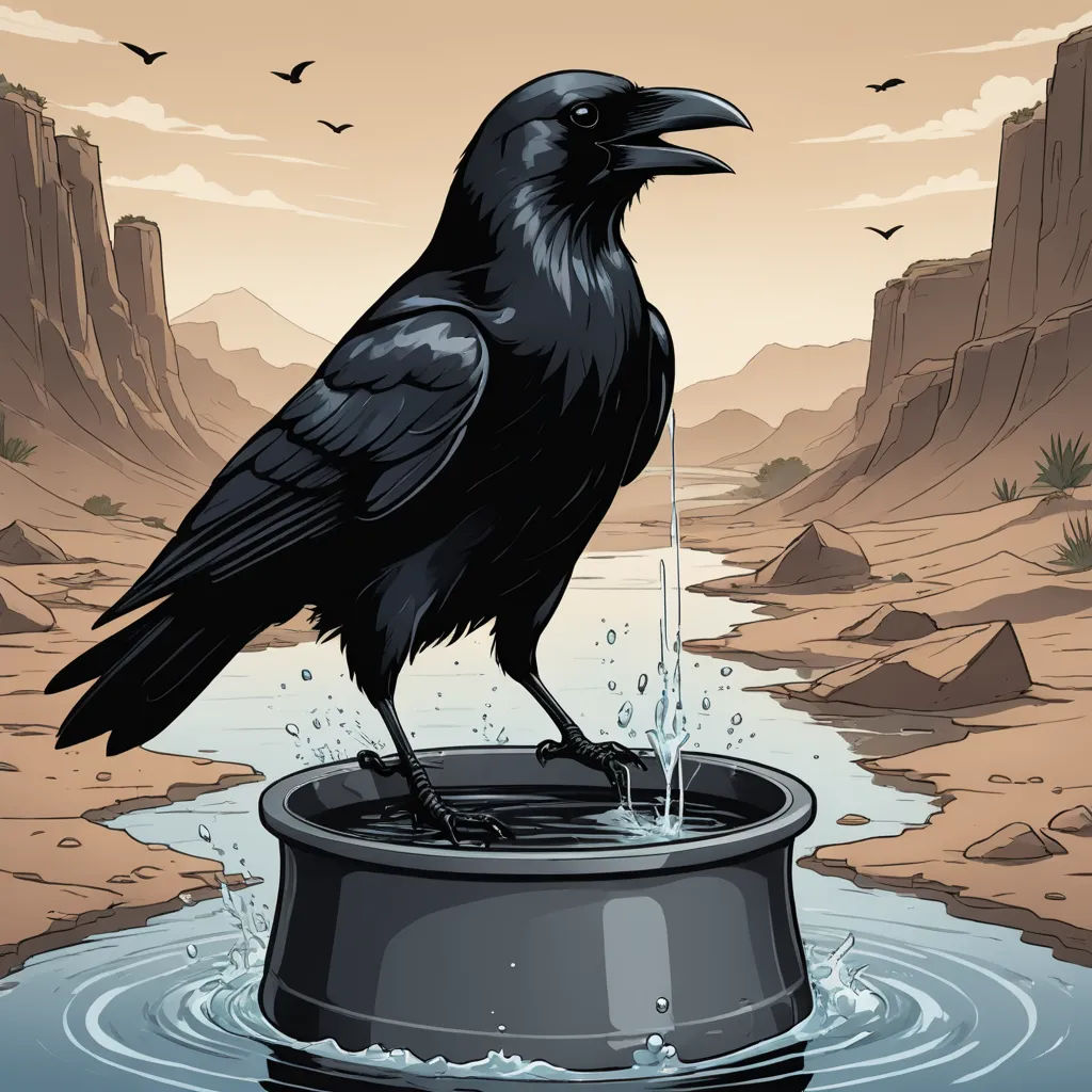 a black crow is sitting on a water fountain in a desert landscape with a river and mountains in the background, environmental art, an album cover, Dan Mumford, promotional image
