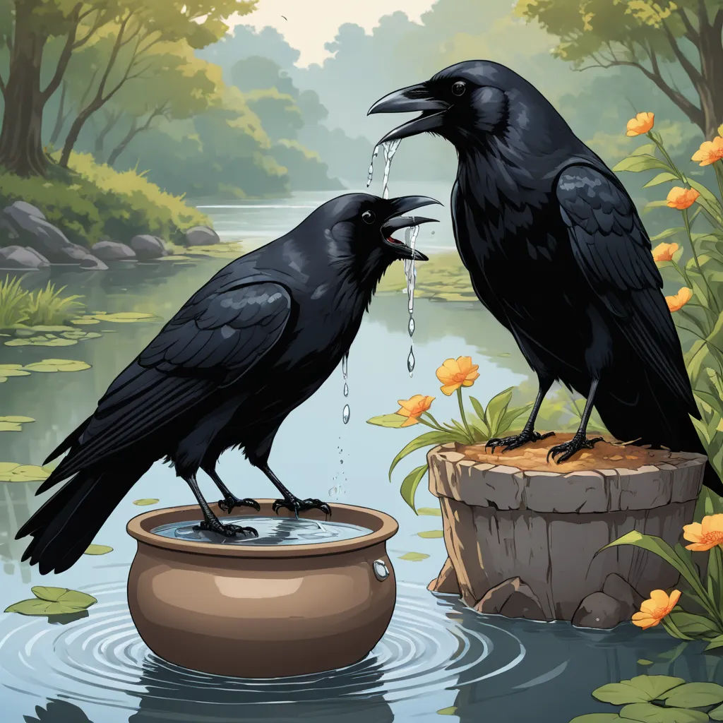 two black crows are sitting on a pot of water and drinking from it's mouth, with a pond in the background, gothic art, a storybook illustration, Brothers Hildebrandt, birds