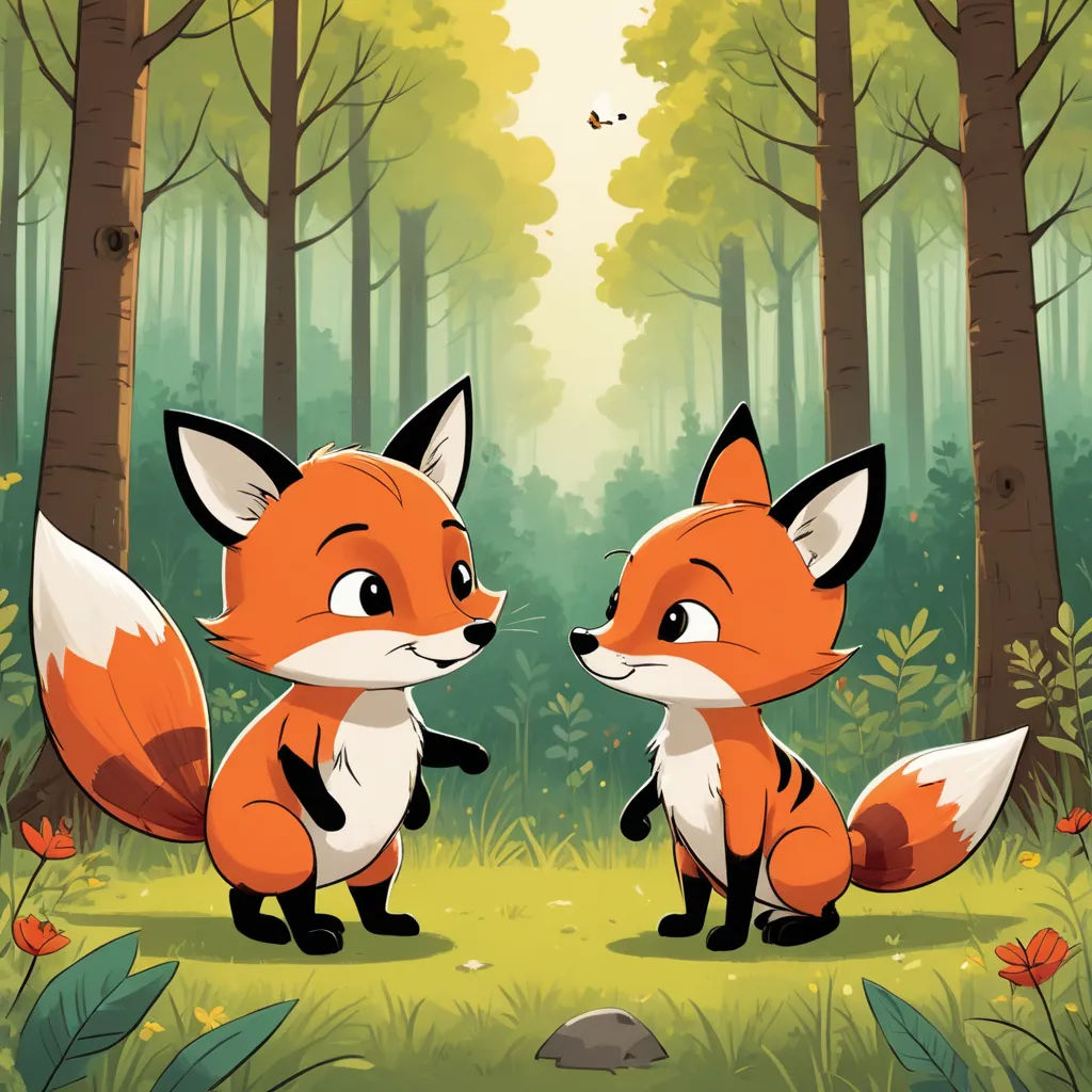a couple of foxes standing in a forest next to each other on a field of grass and flowers with trees, sots art, a storybook illustration, Diego Gisbert Llorens, 2 d game art