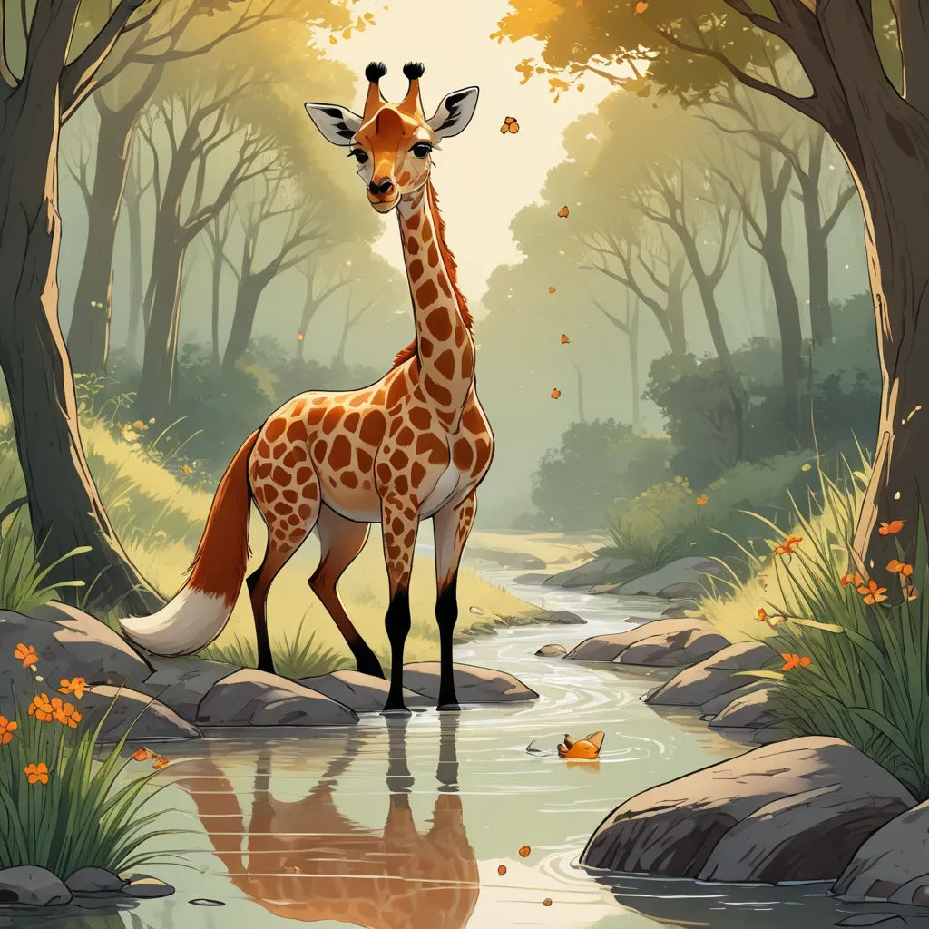 a giraffe standing in a forest next to a river with leaves on it's trees and rocks, furry art, a storybook illustration, Chris LaBrooy, rossdraws global illumination