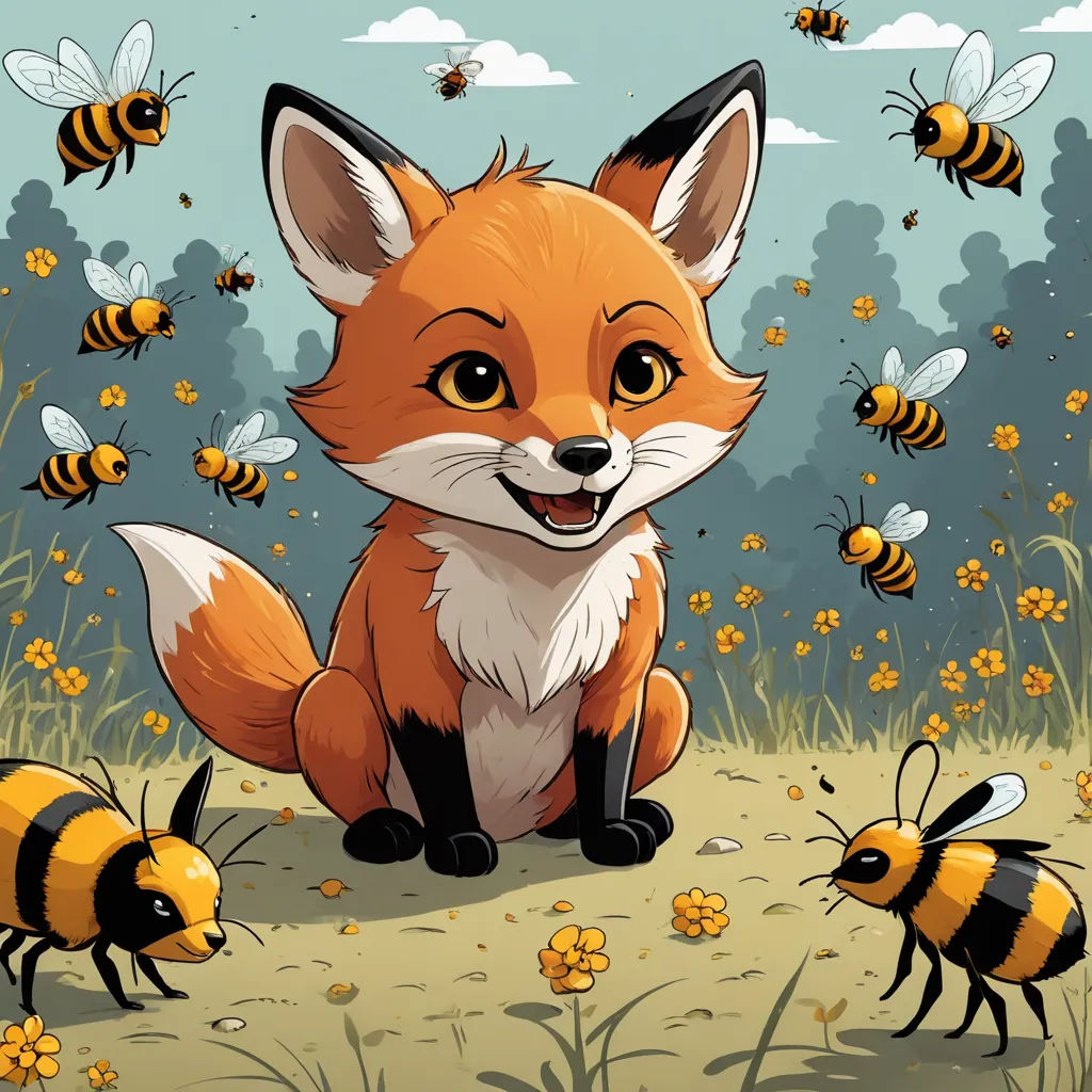 a fox and bees are sitting in a field of flowers and grass with a sky background and a few clouds, furry art, a storybook illustration, Colin Middleton, furaffinity