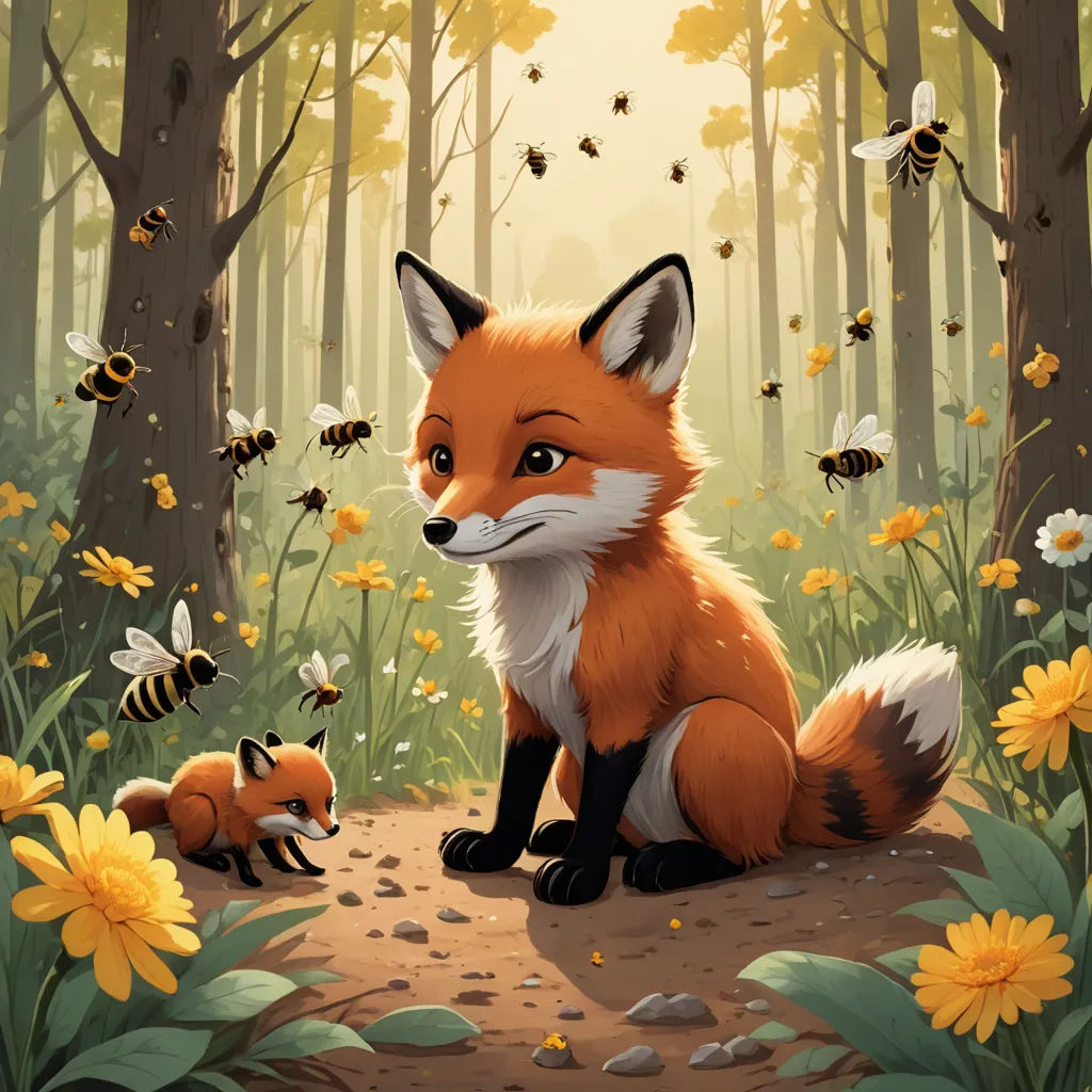 a painting of a fox and a bee in a forest with flowers and bees around it, with a sunlit background, furry art, a storybook illustration, Aaron Jasinski, official art