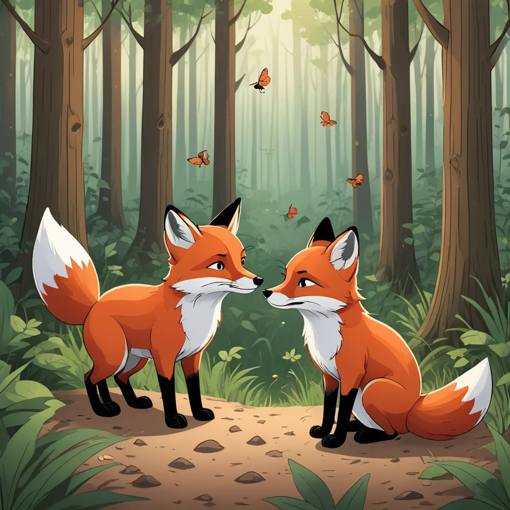 two foxes in the woods facing each other with butterflies flying above them in the background of the forest scene, furry art, a storybook illustration, Cyril Rolando, 2 d game art