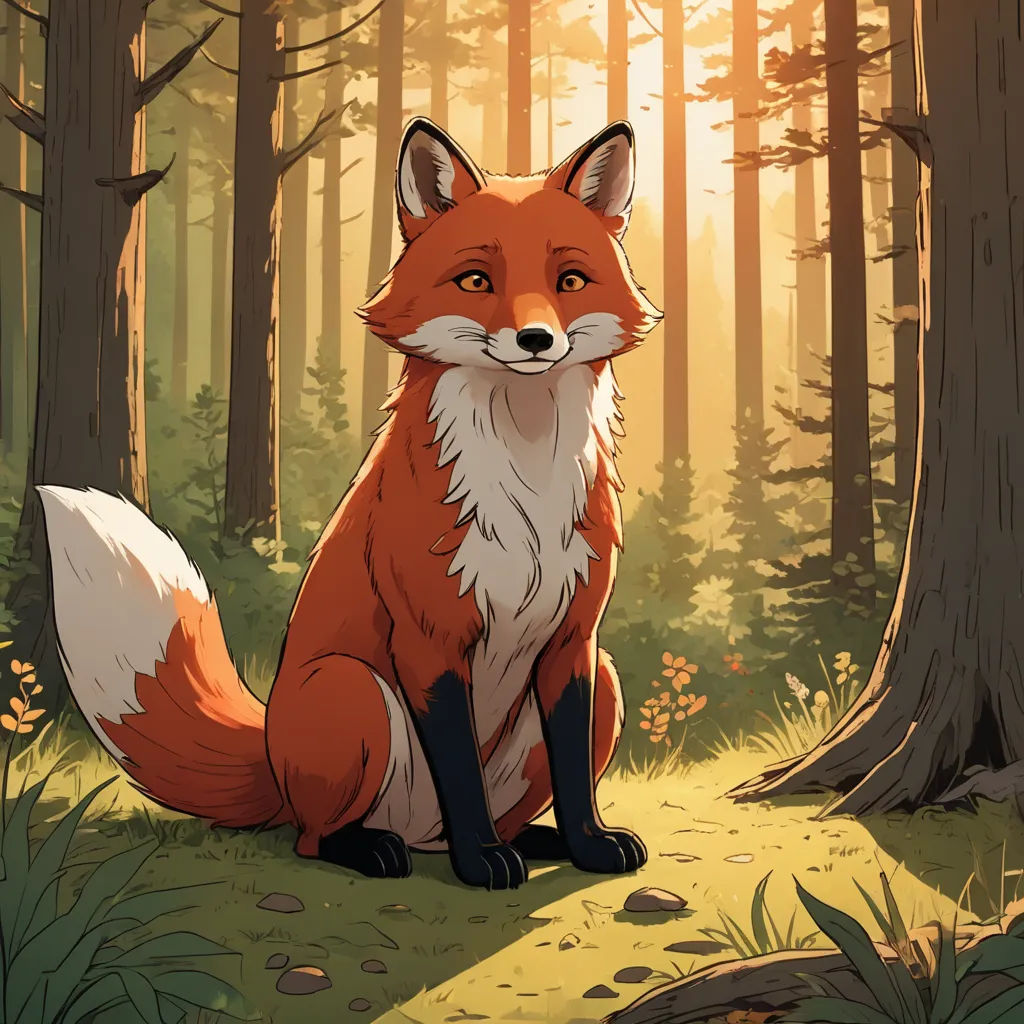 a red fox sitting in the middle of a forest with trees and grass around it, looking at the camera, furry art, a storybook illustration, Brom, forest