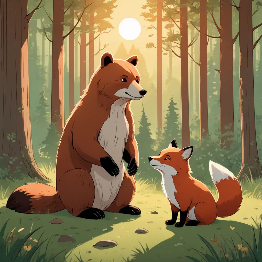 a fox and a fox cub sitting in the woods at sunset or sunrise time, looking at each other, furry art, a storybook illustration, Chris LaBrooy, storybook illustration