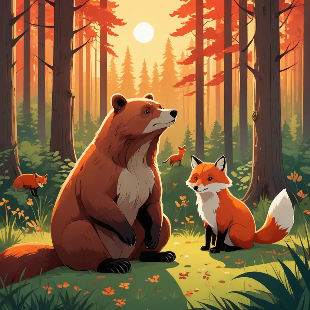 a fox and a fox cub sitting in the woods at sunset with the sun shining through the trees behind them, furry art, a storybook illustration, Dan Mumford, 2 d game art