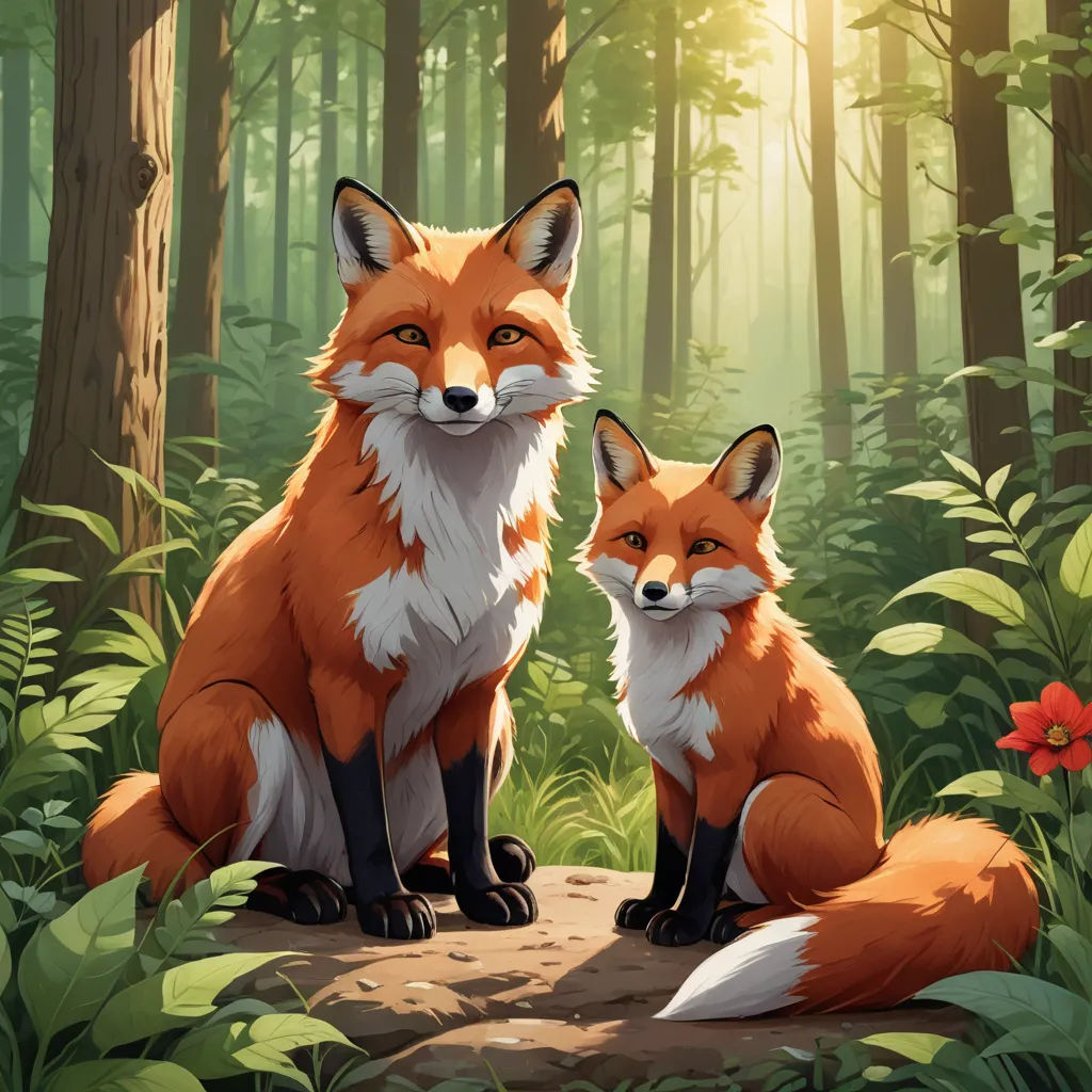 a couple of foxes sitting on top of a forest floor next to each other on a forest floor with flowers, furry art, a storybook illustration, Brothers Hildebrandt, official art