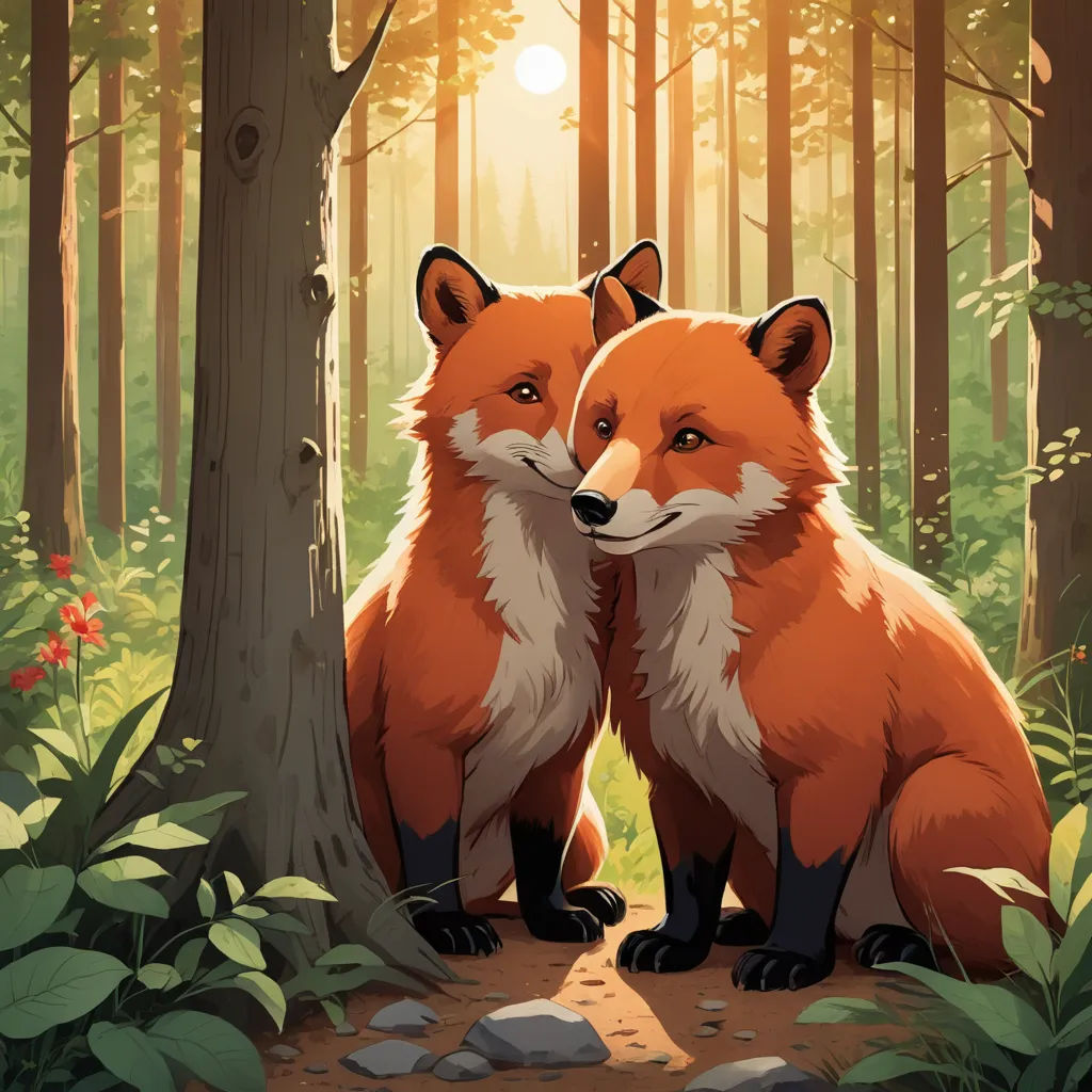 two foxes are sitting in the woods together, looking at the camera and smiling at the camera man is standing behind them, furry art, a storybook illustration, Dan Mumford, official art