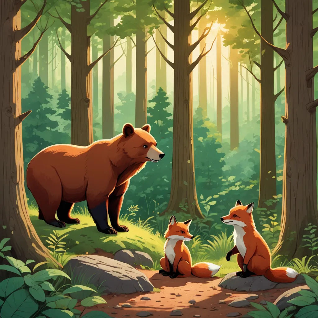 a couple of foxes sitting on top of a forest floor next to a forest filled with trees and rocks, furry art, a storybook illustration, Dan Mumford, storybook illustration