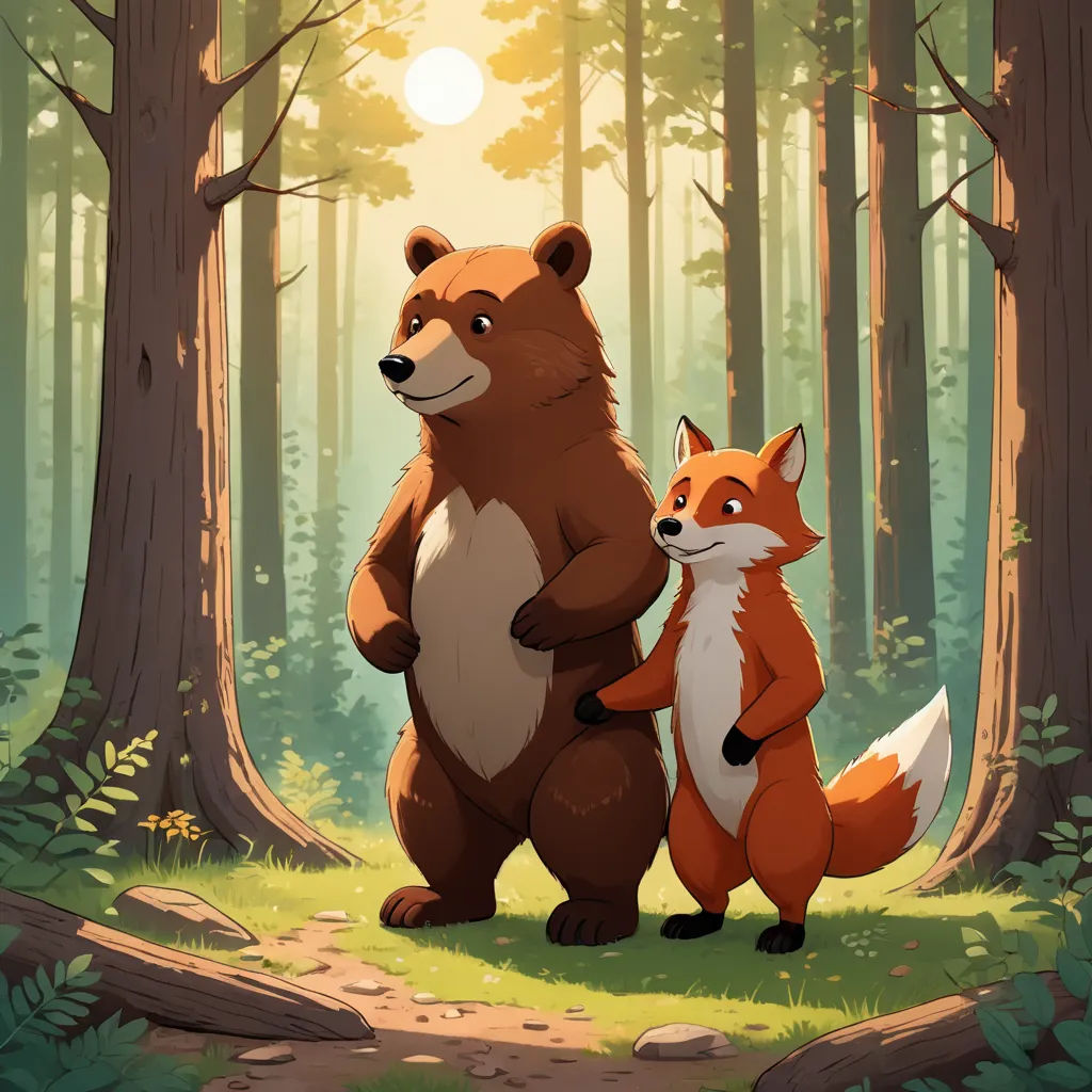 a couple of foxes standing next to each other in a forest with trees and grass on the ground and a sun shining through the trees, furry art, a storybook illustration, Chris LaBrooy, official art