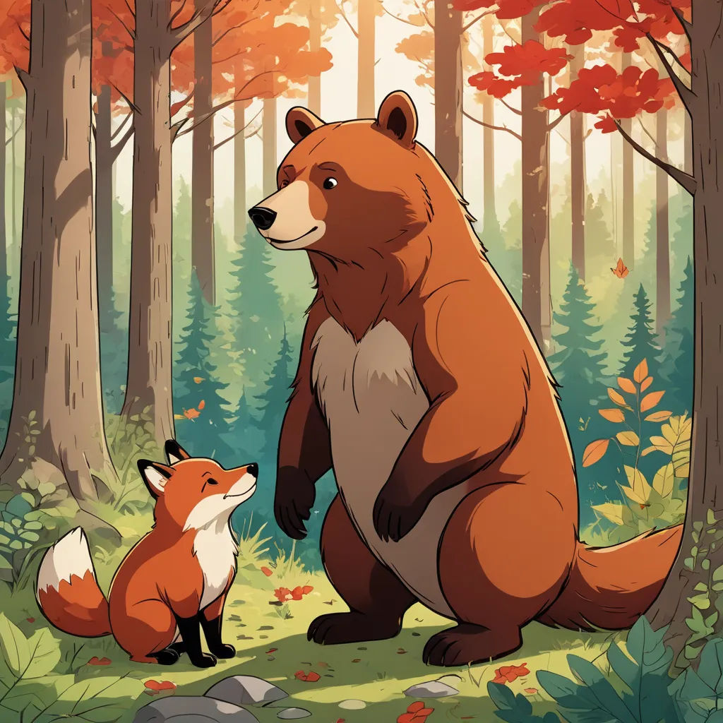 a bear and a fox in a forest with trees and leaves on the ground and rocks and grass on the ground, furry art, a storybook illustration, Atey Ghailan, official art