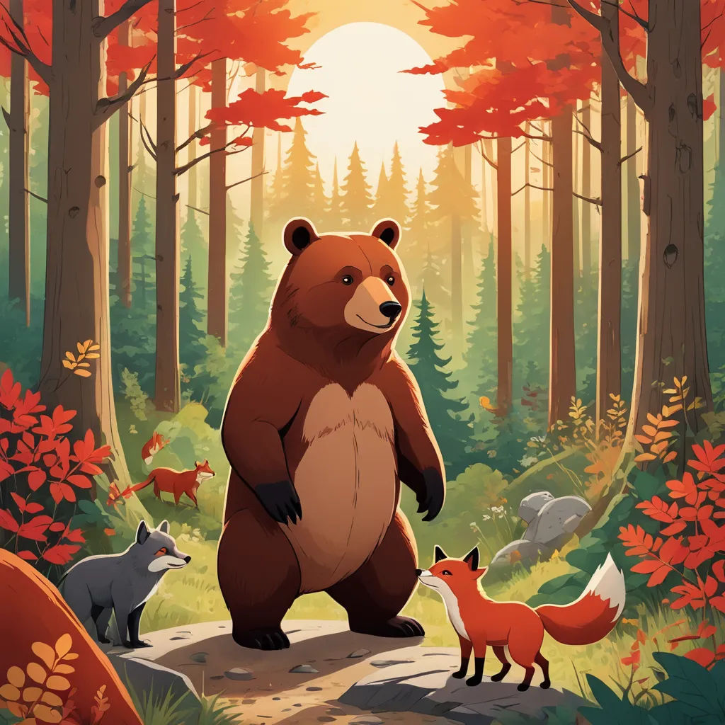 a bear and two foxes in a forest with a sun in the background and trees and leaves on the ground, furry art, a storybook illustration, Chris LaBrooy, 2 d game art