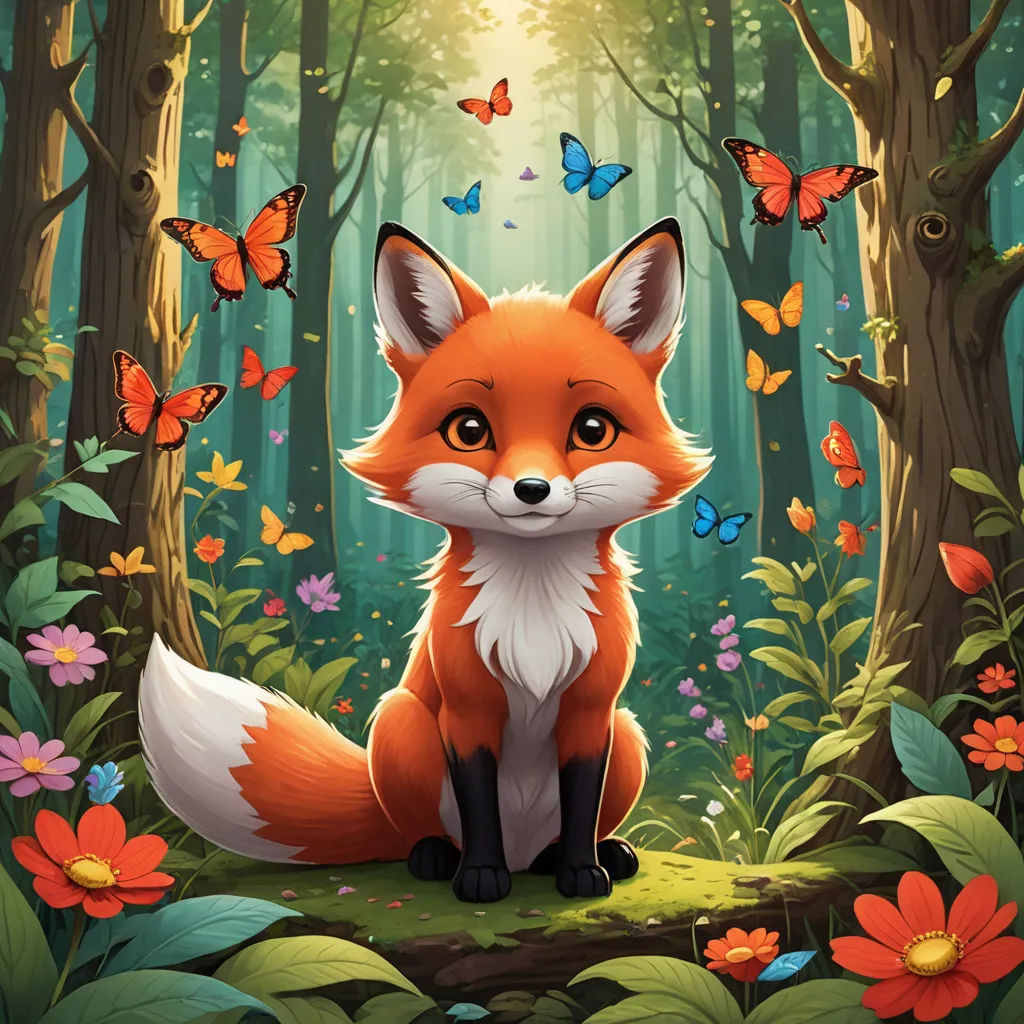 a fox sitting in the middle of a forest with butterflies flying around it and a forest scene with butterflies flying around, furry art, a storybook illustration, Cliff Childs, official art