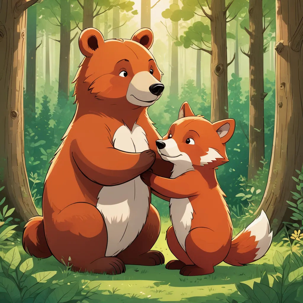 a couple of foxes standing next to each other in a forest with trees and grass behind them, with a forest background, sots art, a storybook illustration, Bálint Kiss, official art