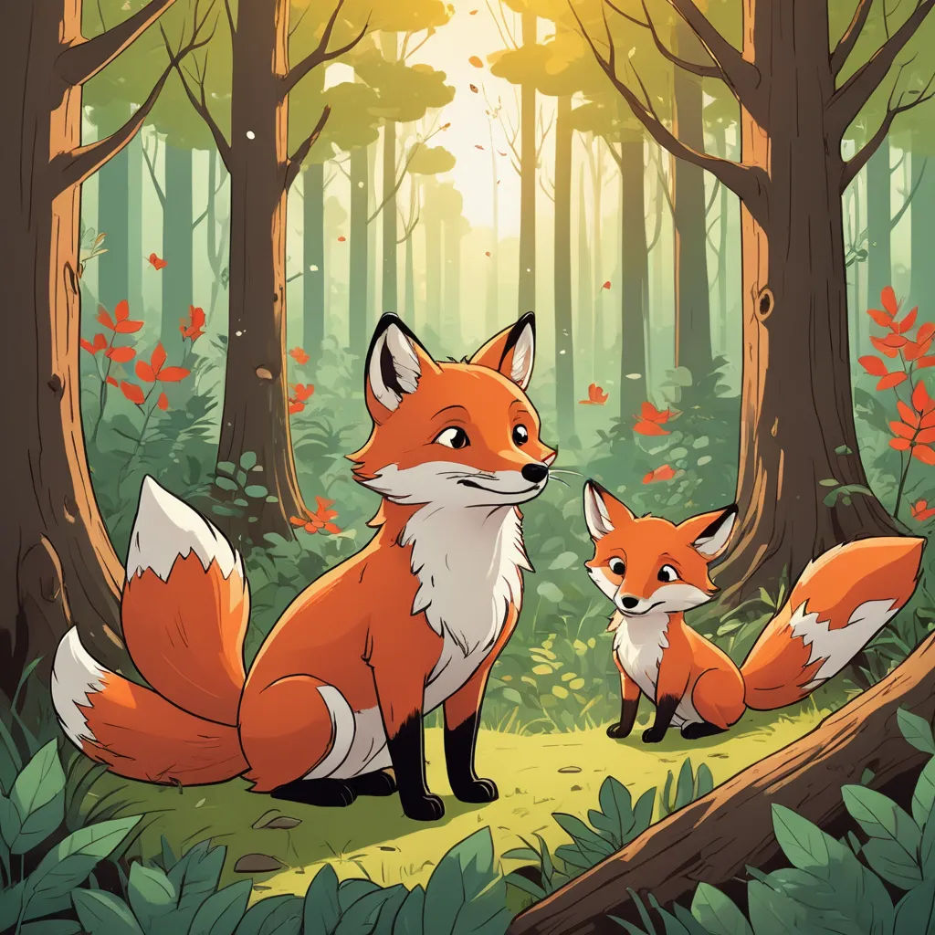 a couple of foxes sitting in the middle of a forest next to a tree trunk and a fallen tree, furry art, a storybook illustration, Diego Gisbert Llorens, official art