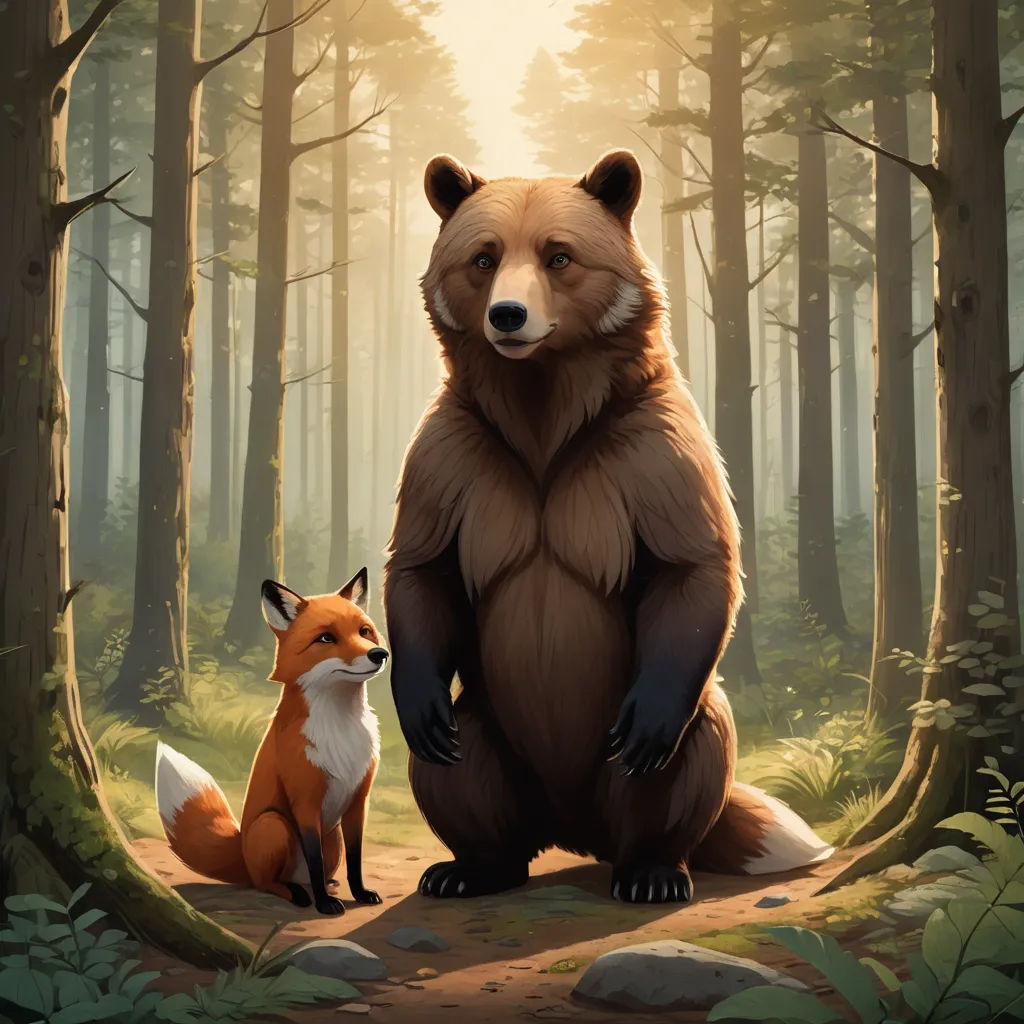 a painting of a bear and a fox in a forest with sunlight coming through the trees and leaves on the ground, furry art, a storybook illustration, Chris LaBrooy, official art