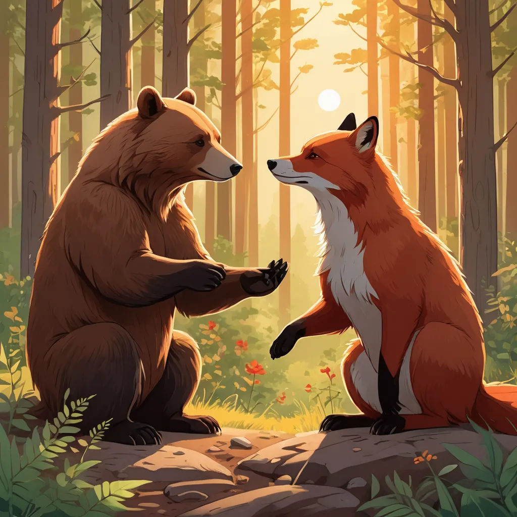 two brown bears sitting on a rock in the woods, facing each other with their paws on the ground, furry art, a storybook illustration, Chris LaBrooy, official art