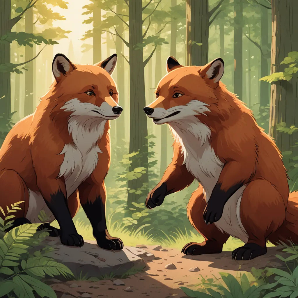 two foxes in the woods looking at each other with a forest background behind them, with trees and leaves, furry art, a storybook illustration, Dan Mumford, official art