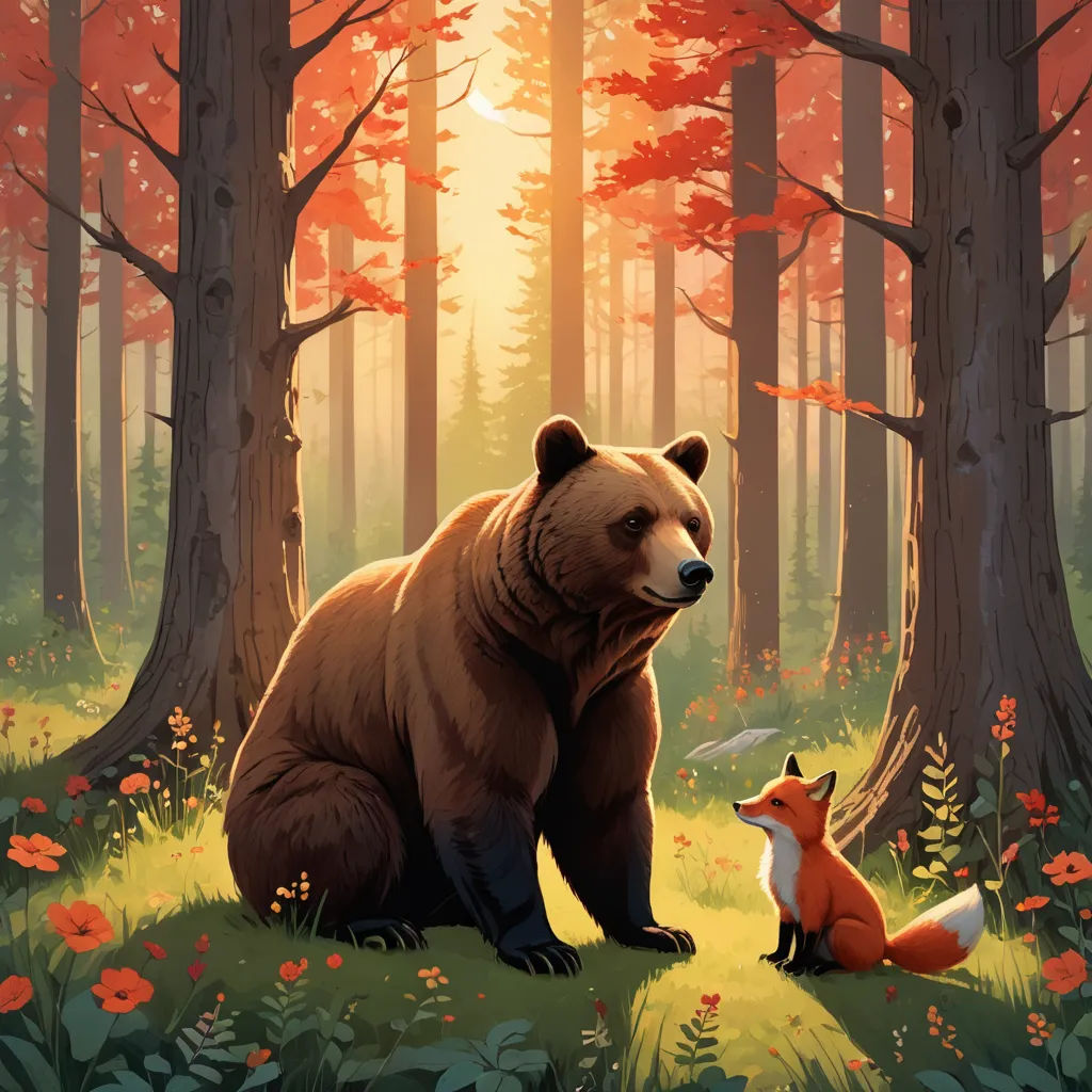 a bear and a fox sitting in a forest with trees and flowers in the background, with the sun shining through the trees, furry art, a storybook illustration, Chris LaBrooy, official art