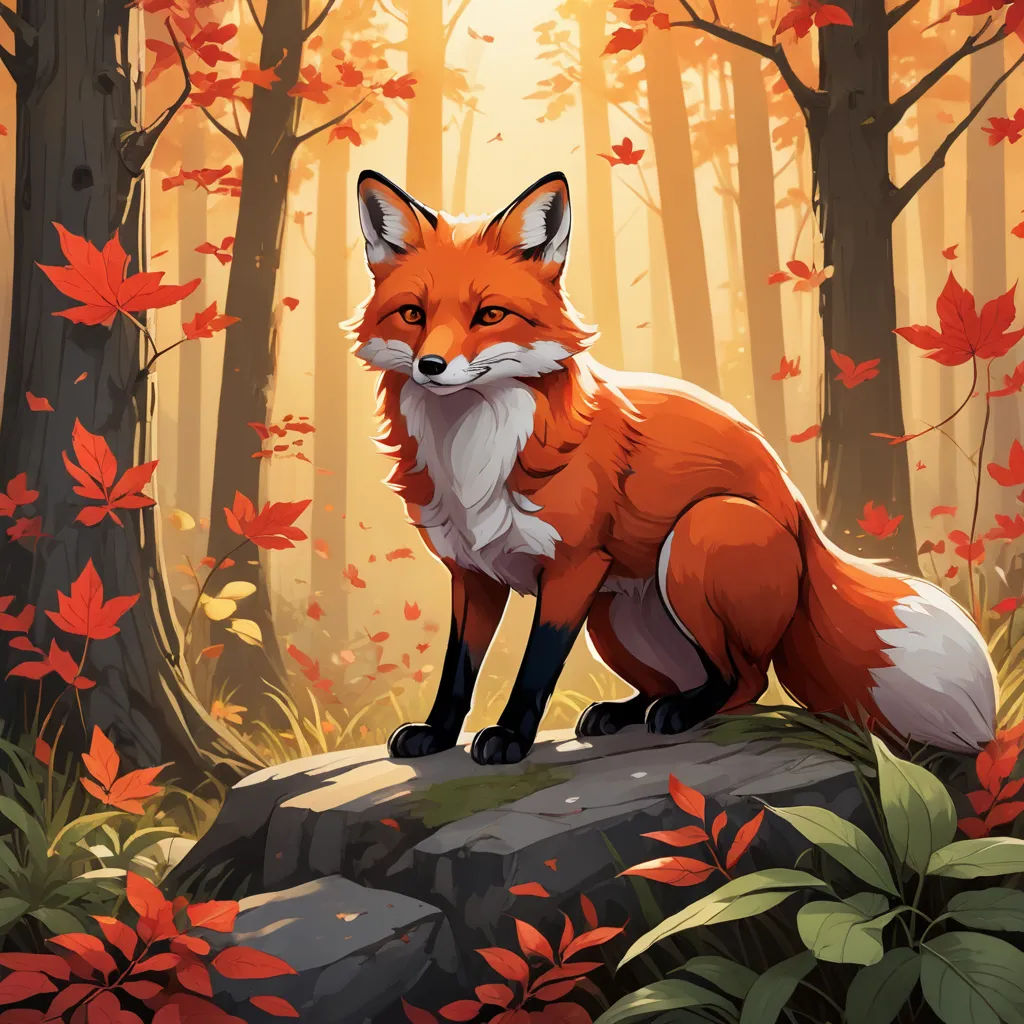 a fox sitting on a rock in a forest with leaves on the ground and a bright light coming through the trees, furry art, a fine art painting, Cyril Rolando, trending on art station
