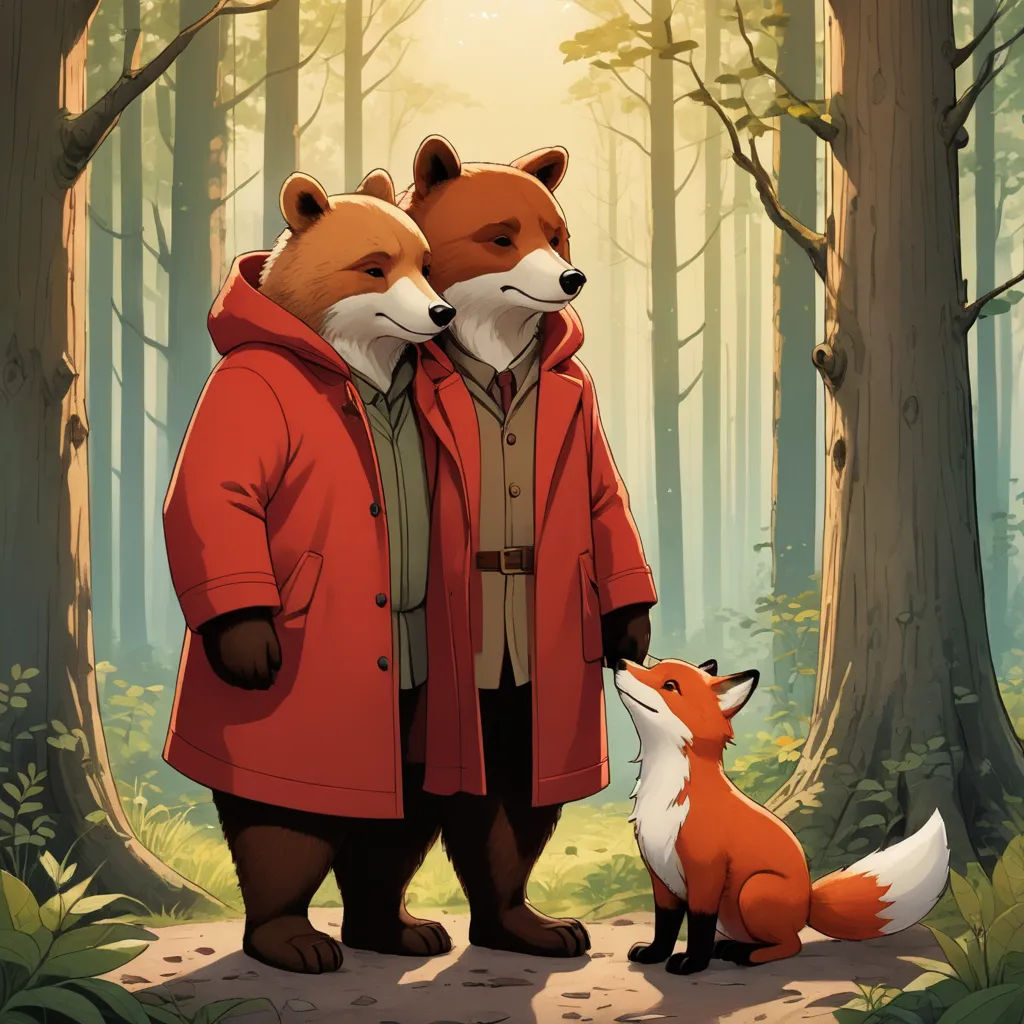 a couple of foxes standing next to each other in a forest with a fox on the ground next to them, furry art, a storybook illustration, Aaron Jasinski, official art