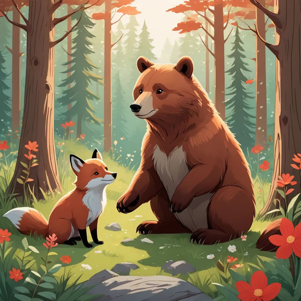 a bear and a fox sitting in the woods together, with flowers around them and trees in the background, furry art, a storybook illustration, Chris LaBrooy, official art